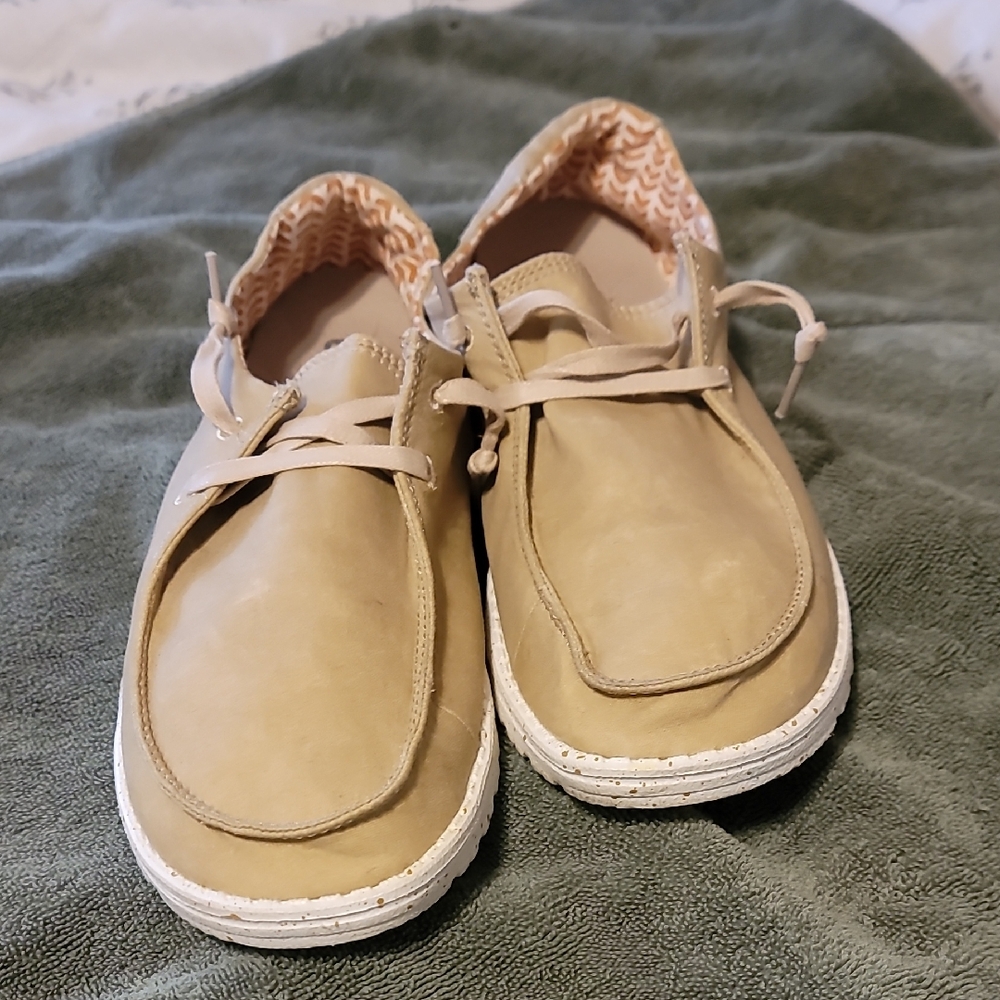Hey Dude Tan and White Slip-On Shoes